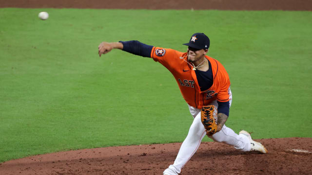 Oct 22, 2023; Houston, Texas, USA; Houston Astros relief pitcher Bryan Abreu (52) throws a pitch against the Texas Rangers in the eighth inning during game six of the ALCS for the 2023 MLB playoffs at Minute Maid Park. Mandatory Credit: Erik Williams-USA TODAY Sports